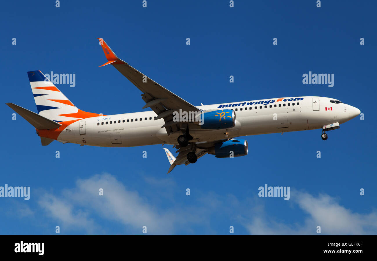An Smartwings Sunwing Boeing 737-8DC approaching to El Prat Airport in Barcelona, Spain. Stock Photo