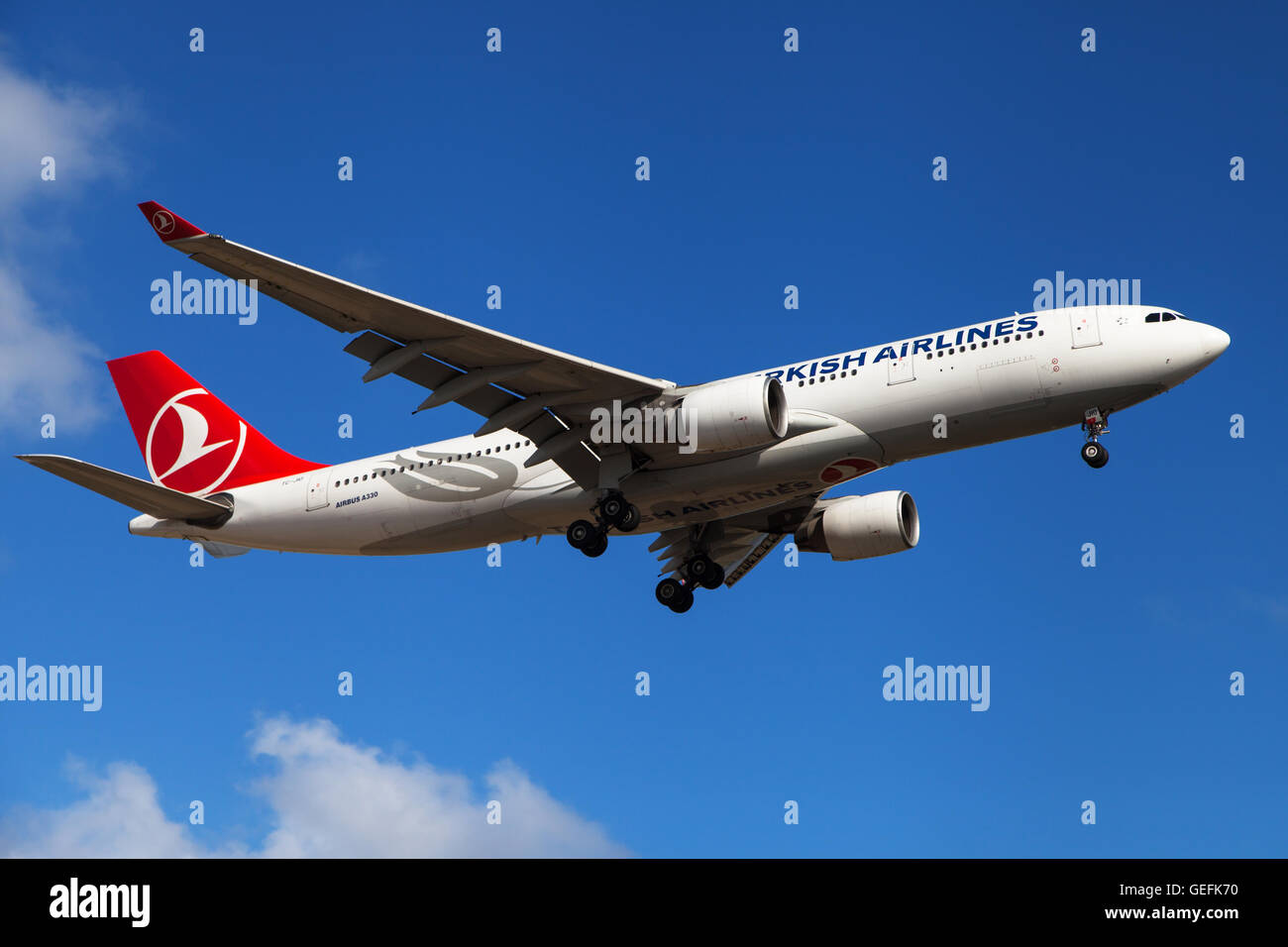 A Turkish Airlines Airbus A330-200 approaching to El Prat Airport in Barcelona, Spain. Stock Photo