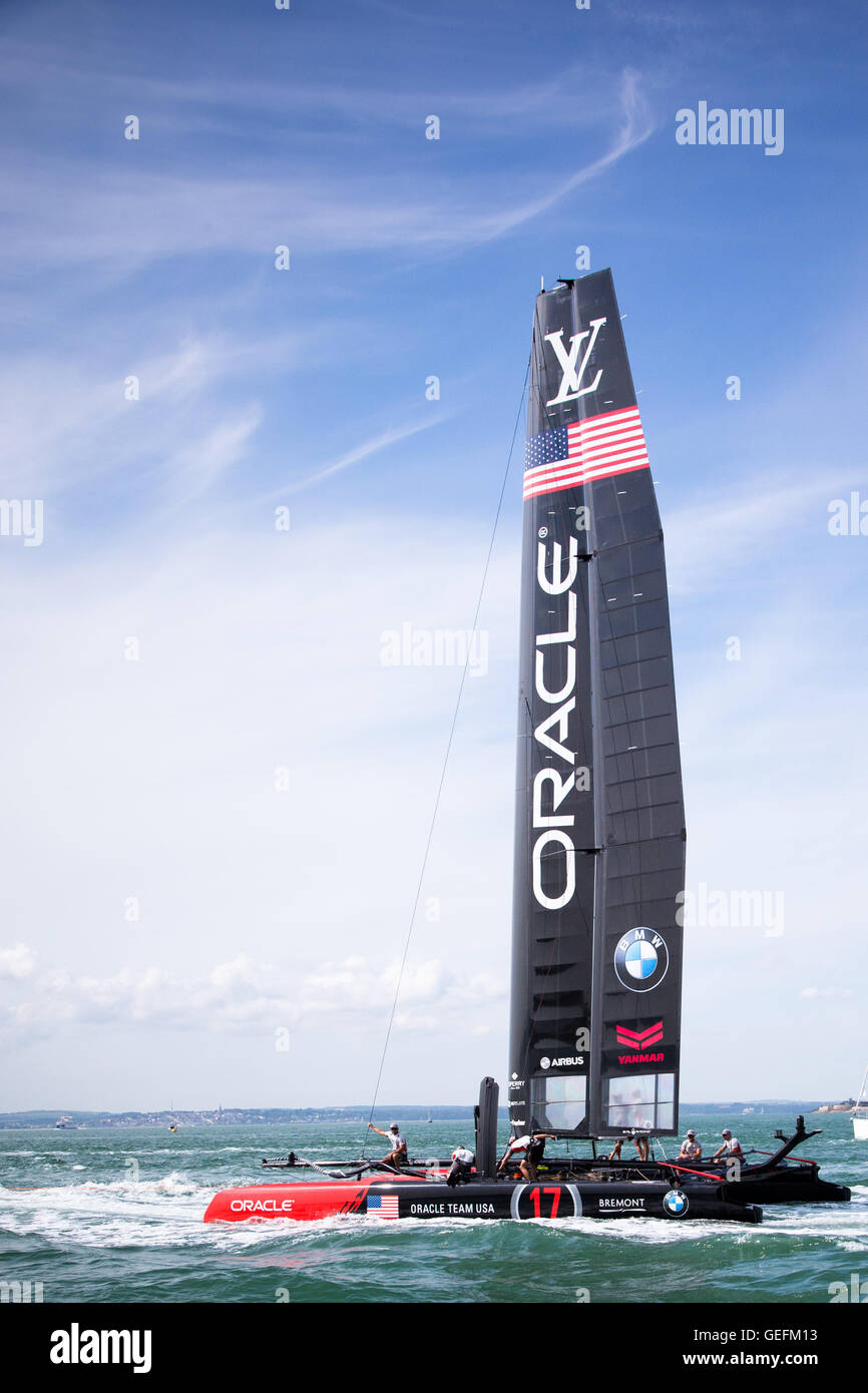 PORTSMOUTH, UK: July, 22, 2016 Team Oracle on Day 1 of the Louis Vuitton America's Cup World Series. Stock Photo