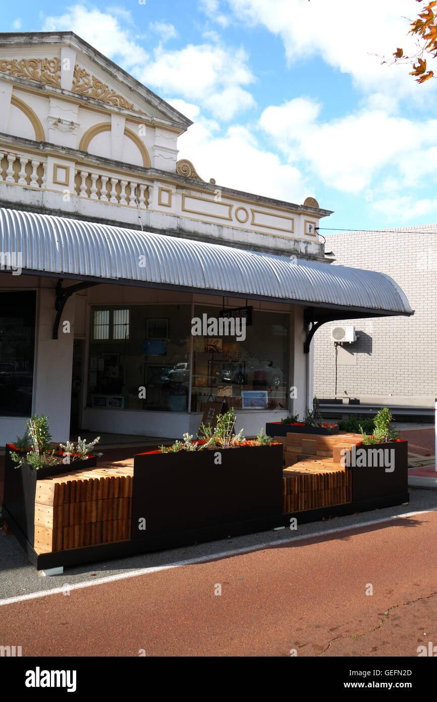 Public street seating ('parklet') out the front of Future Shelter shop, Angove Street, North Perth, Western Australia. No PR Stock Photo