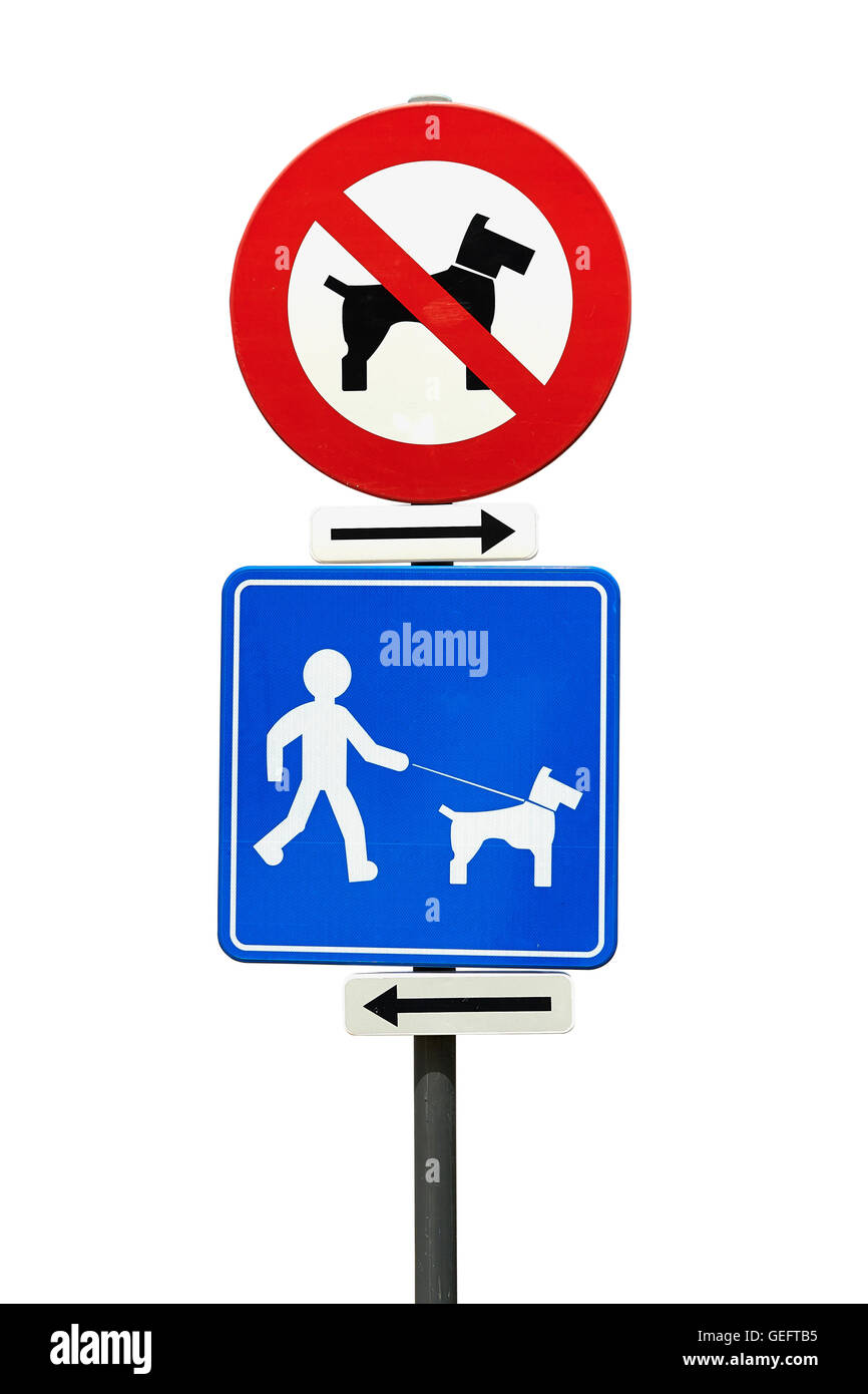 Signs isolated on white with clipping path : No Dogs and Dogs on Leash Only Stock Photo