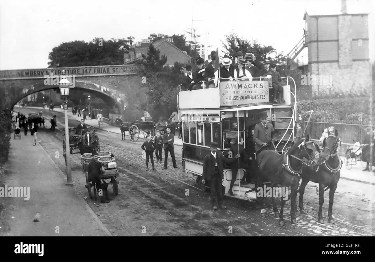 HORSE-DRAWN TRAM on the Oxford Road looking East past the railway arch in 1893. Note the railway signaling box top right. Photo Walton Adams Stock Photo