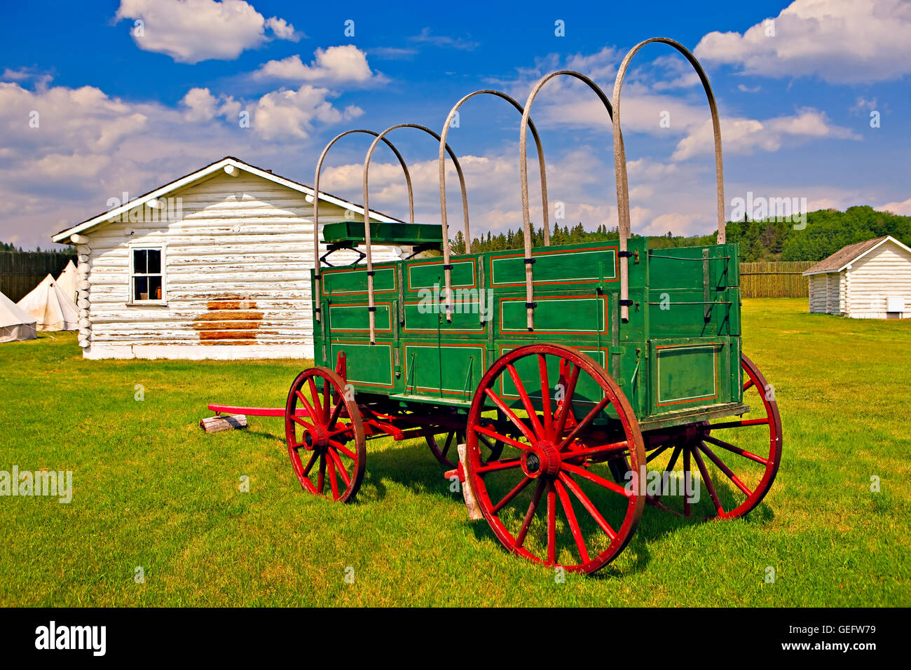 geography,travel,Canada,Saskatchewan,Wagon outside stables Fort Walsh National Historic Site,Cypress Hills Interprovincial Stock Photo