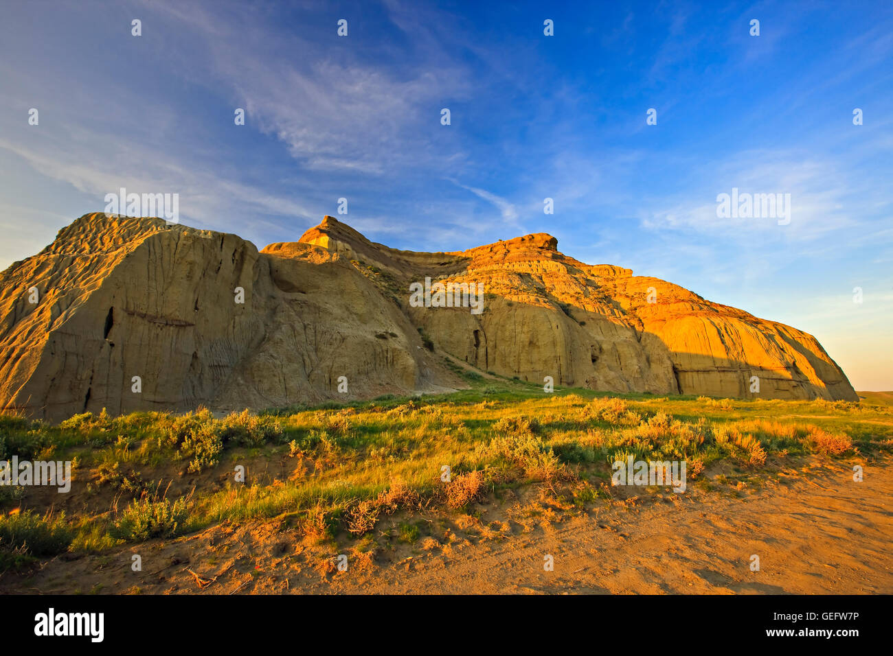 geography,travel, Canada, Saskatchewan, Castle Butte during sunset in