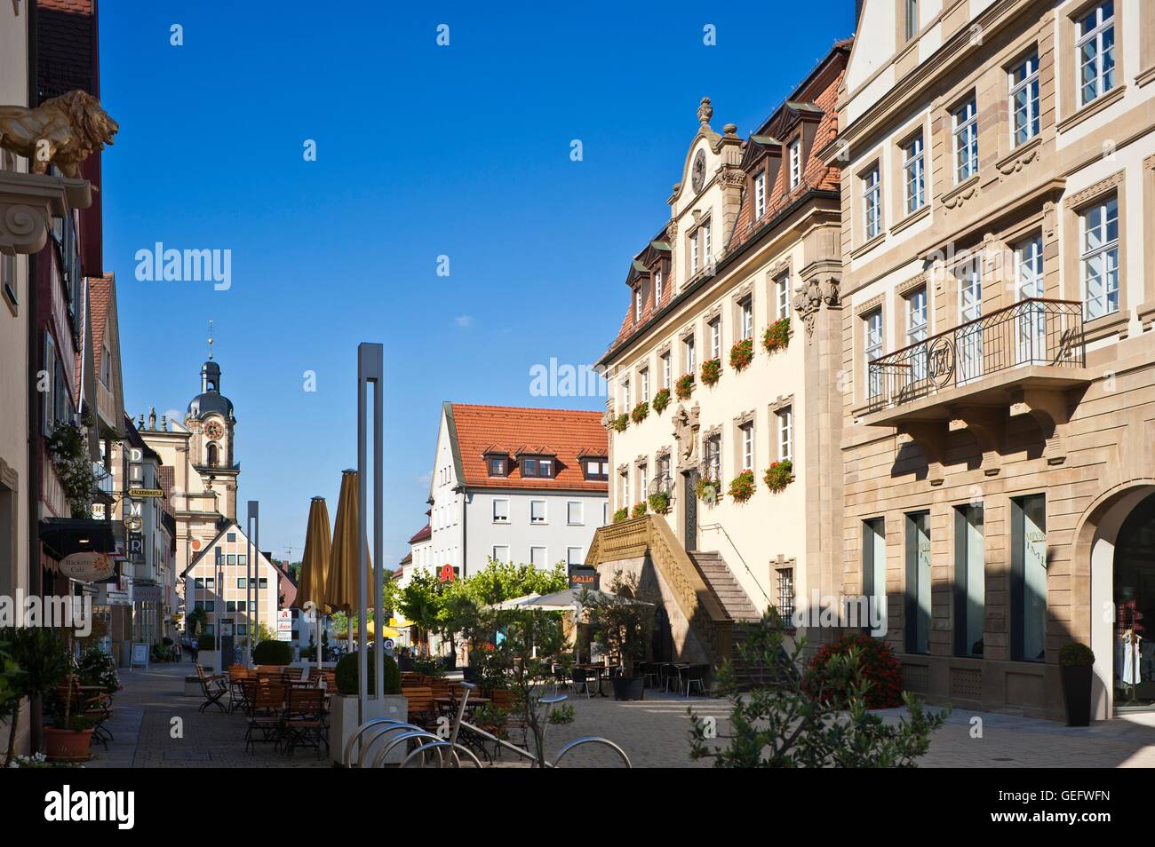 Market street with city hall, Neckarsulm Stock Photo