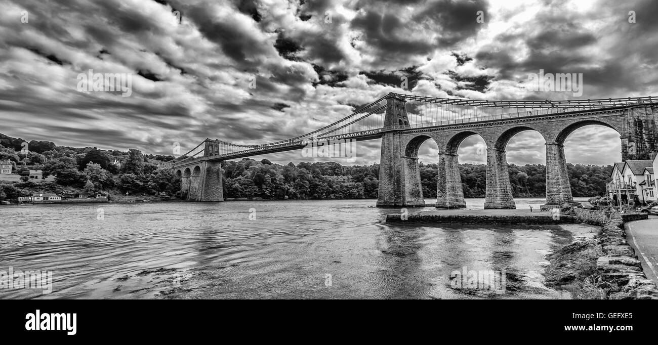 Menai Bridge, black and white, landscape, drama, clouds, water