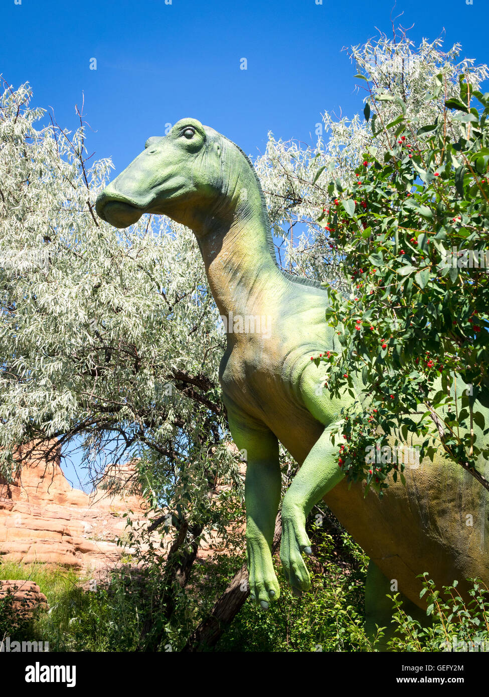 A model replica of an Edmontosaurus, a genus of hadrosaurid (duck-billed) dinosaur. Calgary Zoo, Calgary, Alberta, Canada. Stock Photo