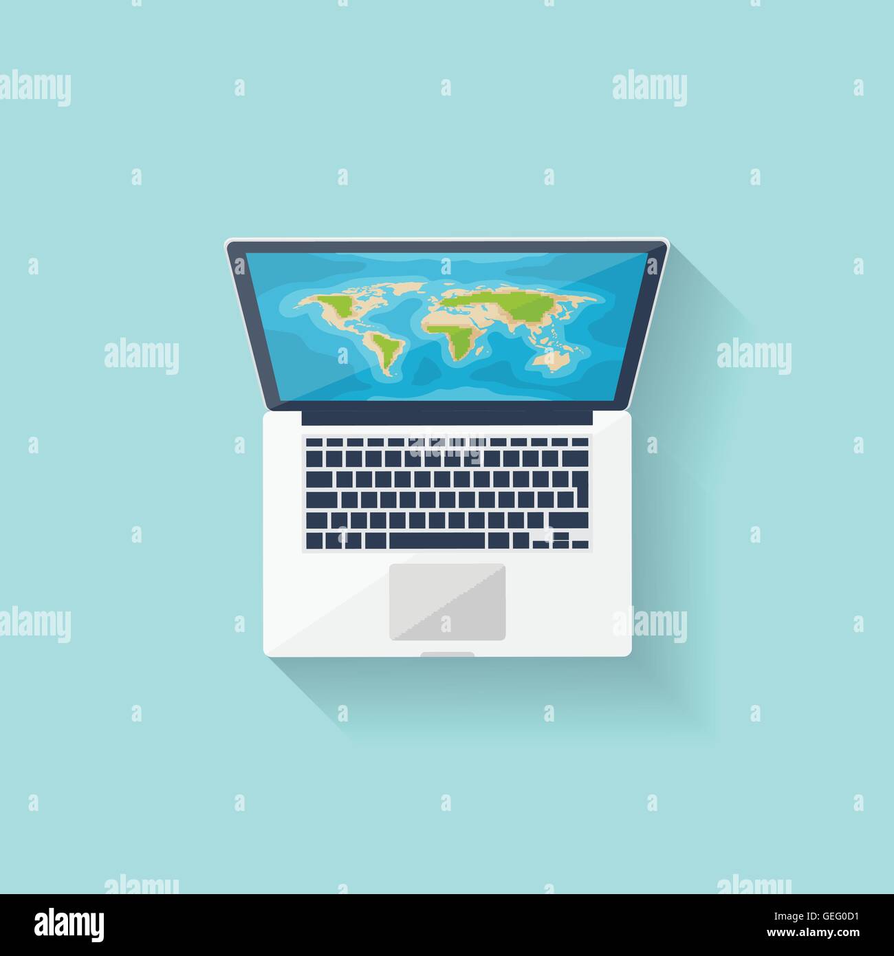 World map on the computer. Flat style. Navigation. Travel and tourism ...