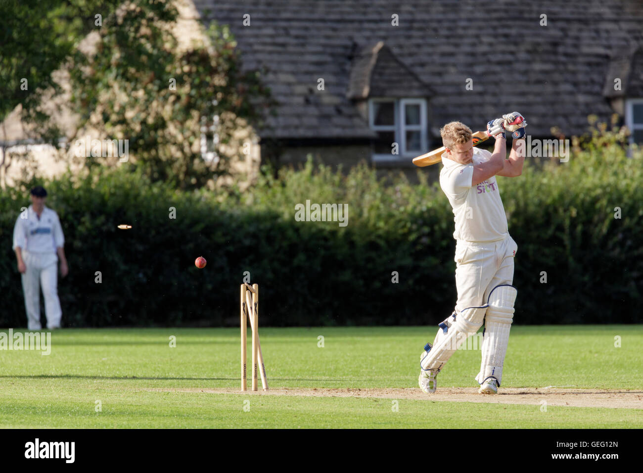 Village cricket match a batsman is bowled out the ball is still in
