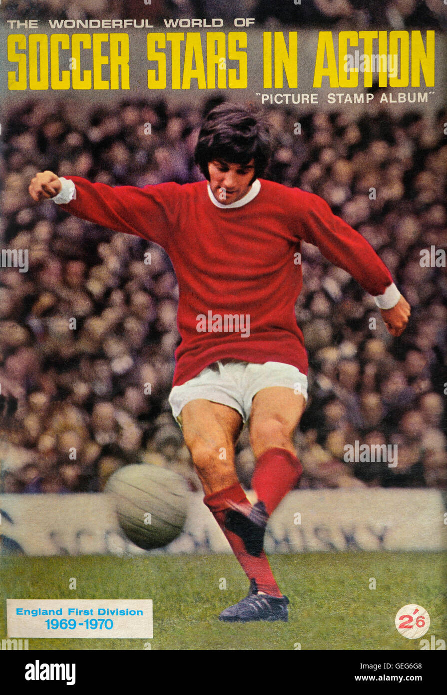 The wonderful world of soccer stars in action picture stamp album front cover of George Best. 1969-1970 Stock Photo