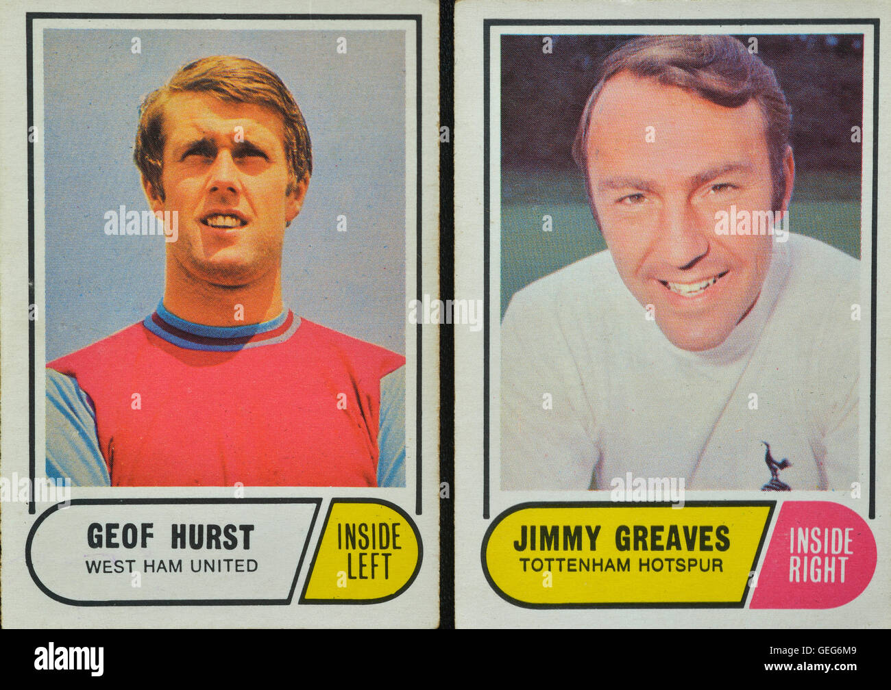 Bubble gum trading soccer cards of Geoff Hurst and Jimmy Greaves. Stock Photo