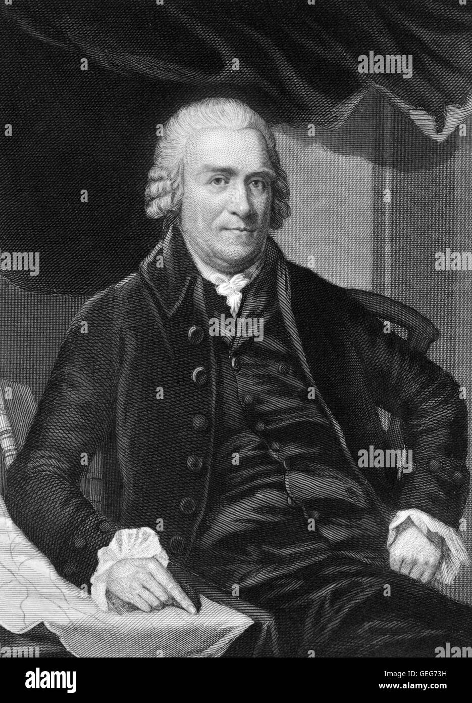 Samuel Adams. Portrait of the american statesman Samuel Adams, engraving by Henry Brian Hall from a painting by Johnston. Stock Photo