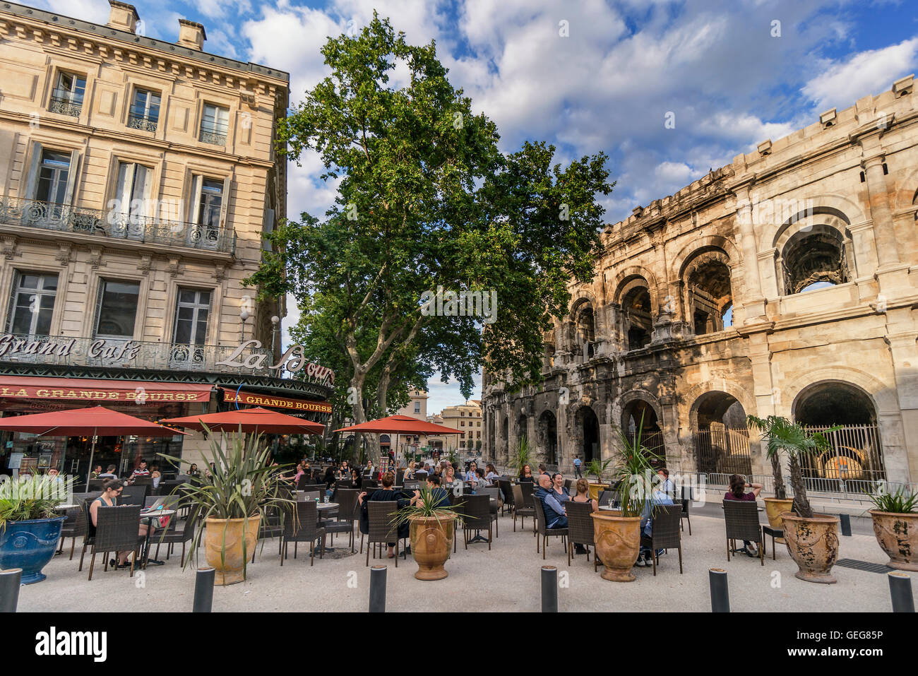 Grand Cafe , Roman amphitheatre. Nimes, Gard Department, Languedoc-Roussilon, France Stock Photo