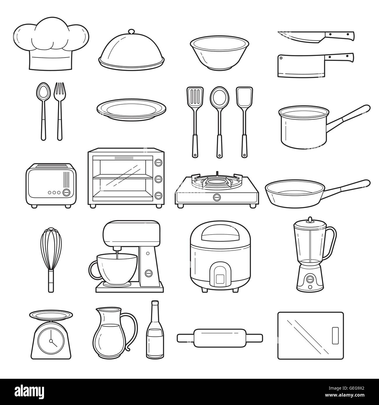 Kitchen Equipment Outline Icons Set, Appliance, Crockery, Cooking, Cuisine, Food, Bakery Stock Vector