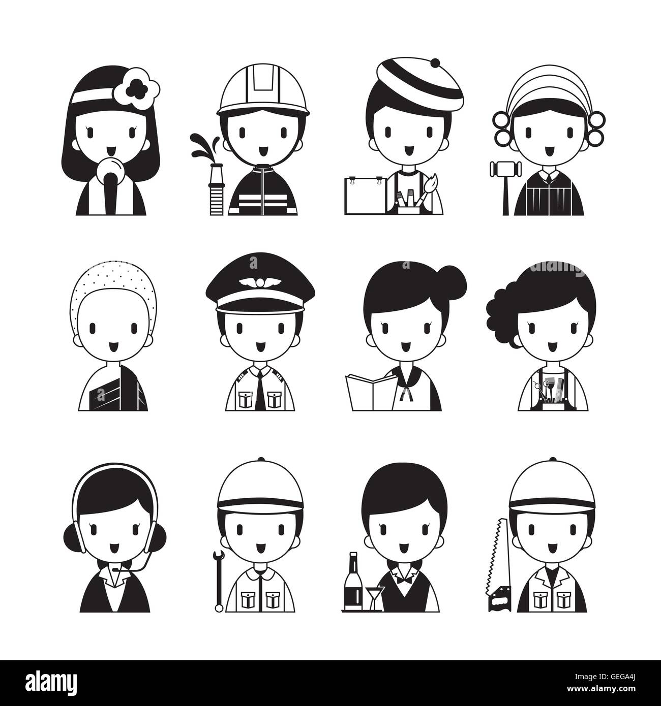 People Occupations Icons Set, Monochrome, Profession, Avatar, Worker