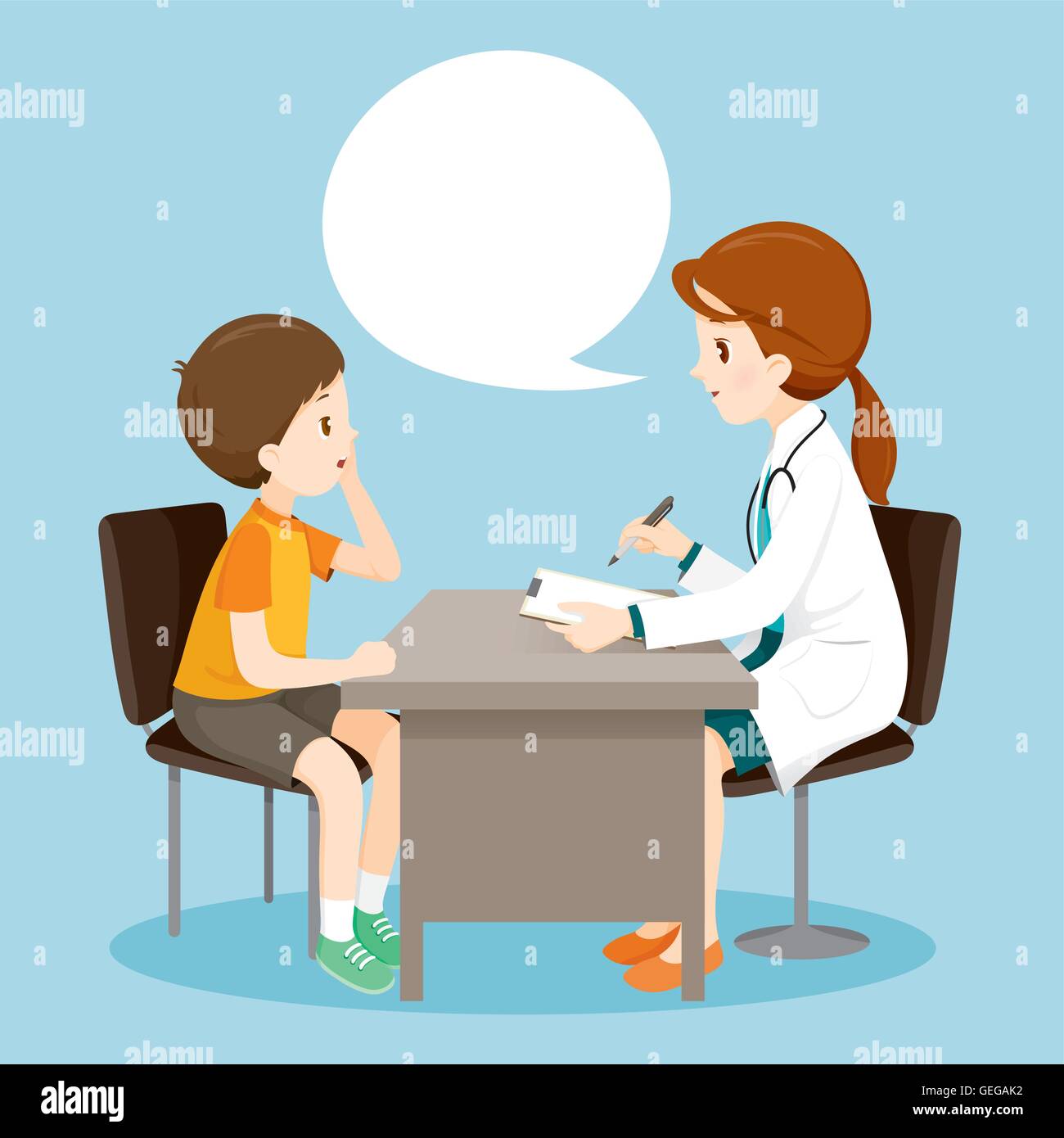 Woman Doctor Ask Boy About Symptoms, Medical, Physician, Hospital, Checkup, Patient, Healthy, Treatment, Personnel Stock Vector