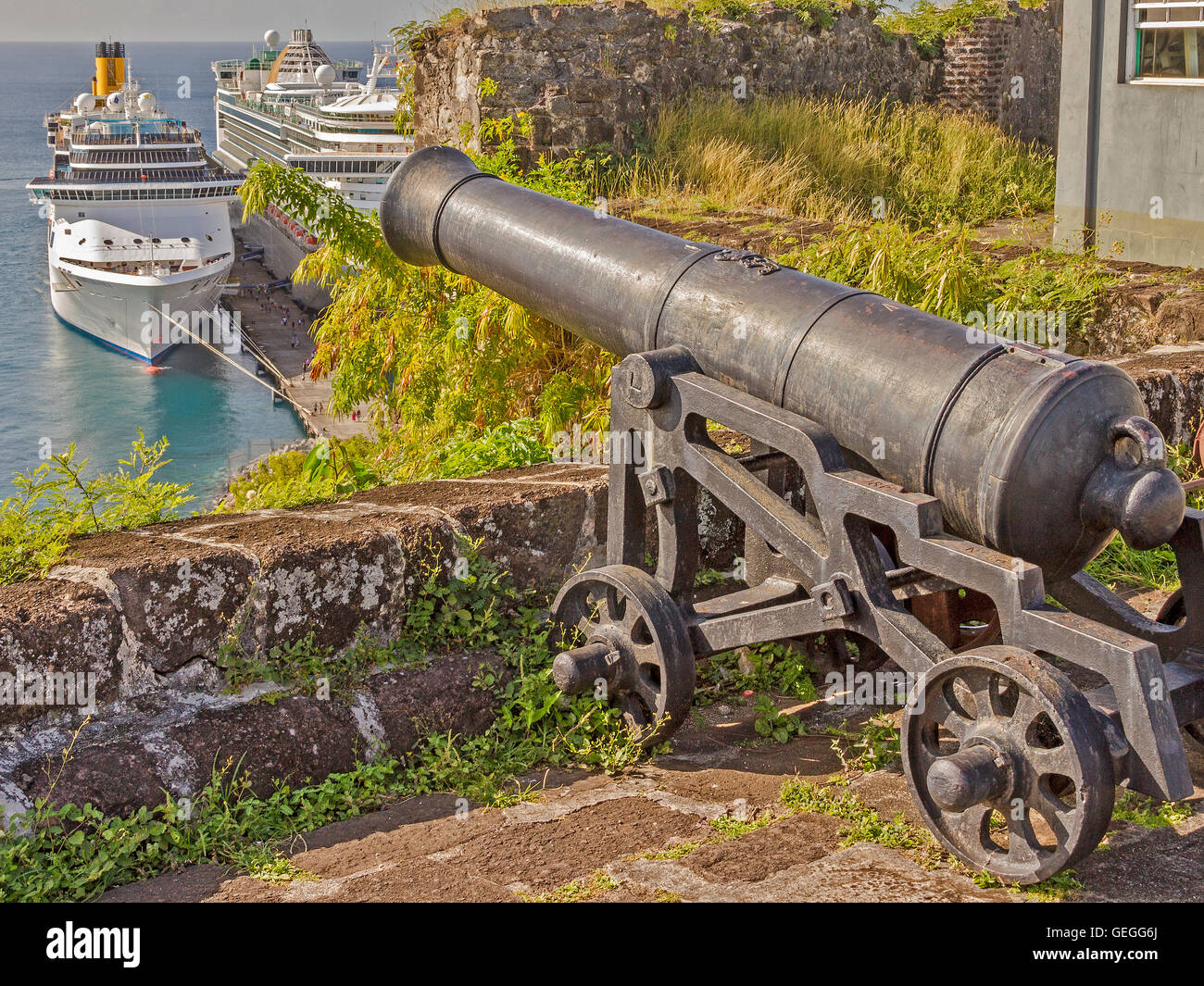Cruise Ships Under The Cannon of Fort George Grenada Stock Photo