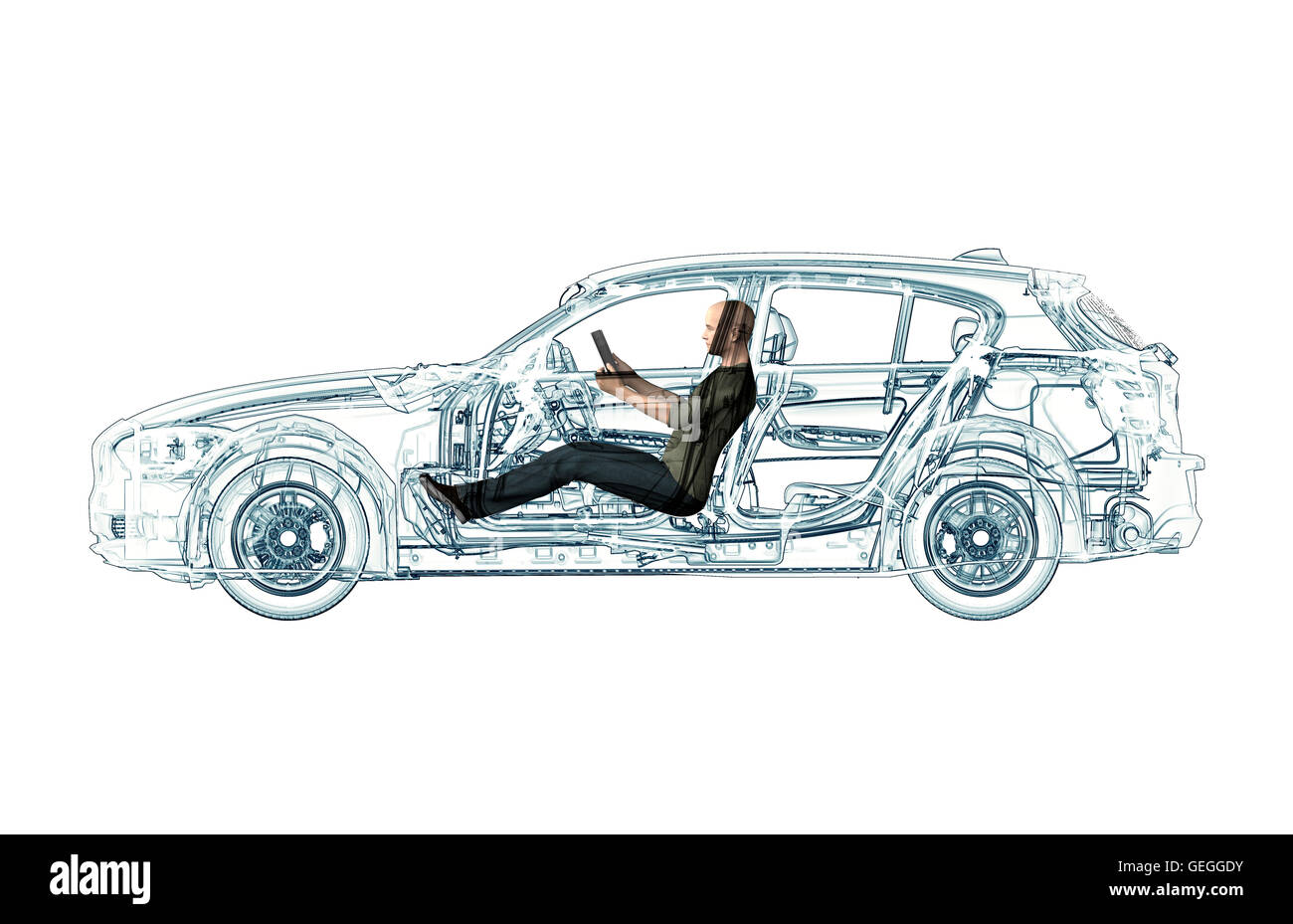 xray self driving  computer car with driver, 3d illustration Stock Photo