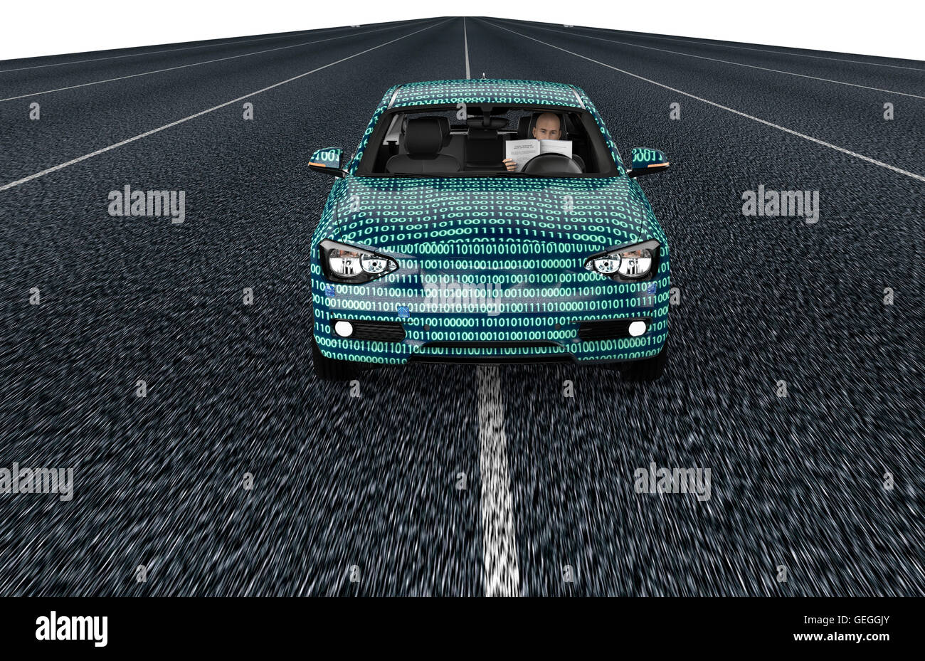 self driving electronic computer car on road, 3d illustration Stock Photo
