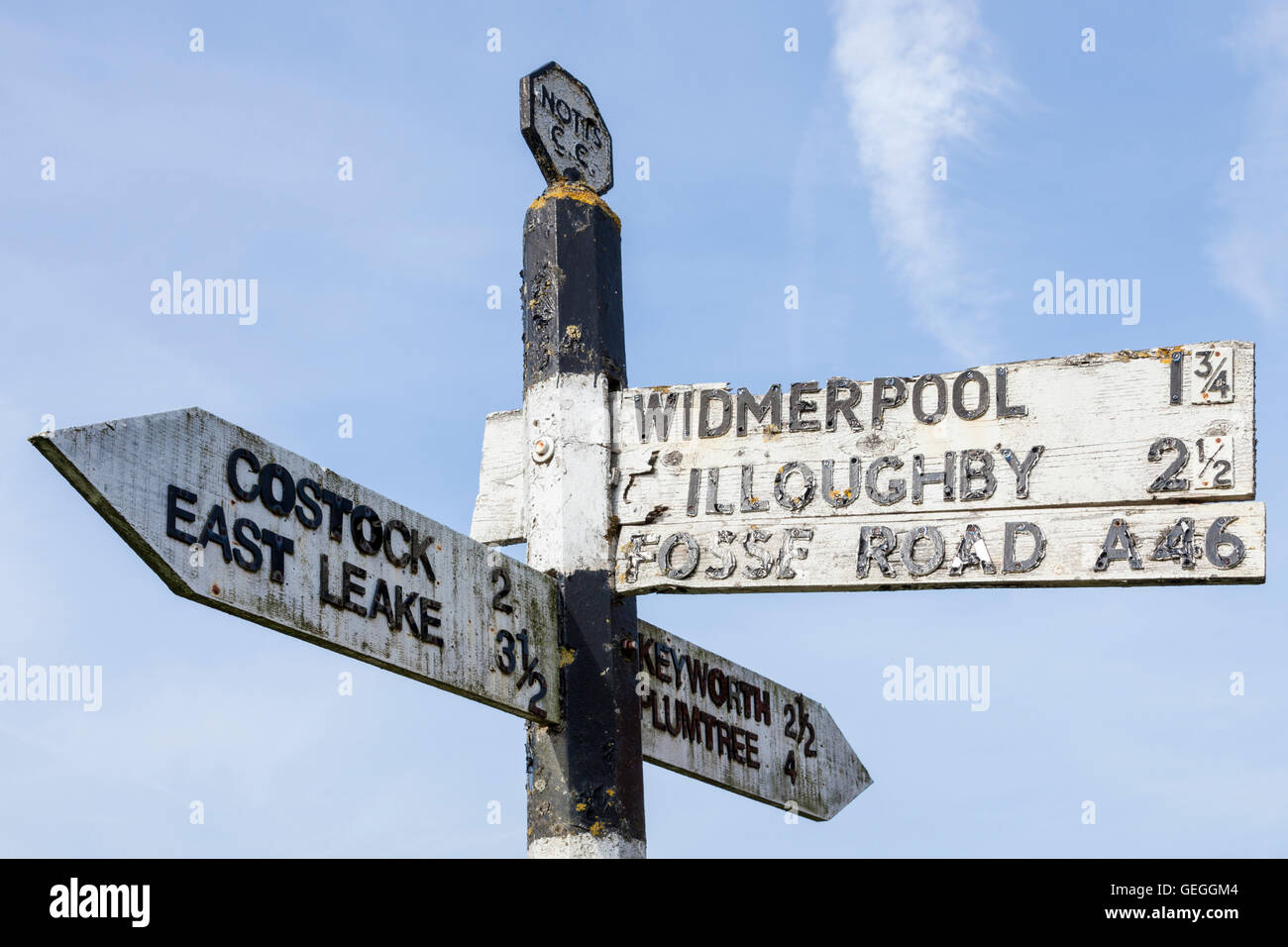 Old wooden road sign showing direction, destination and distance to villages in Nottinghamshire, England, UK Stock Photo