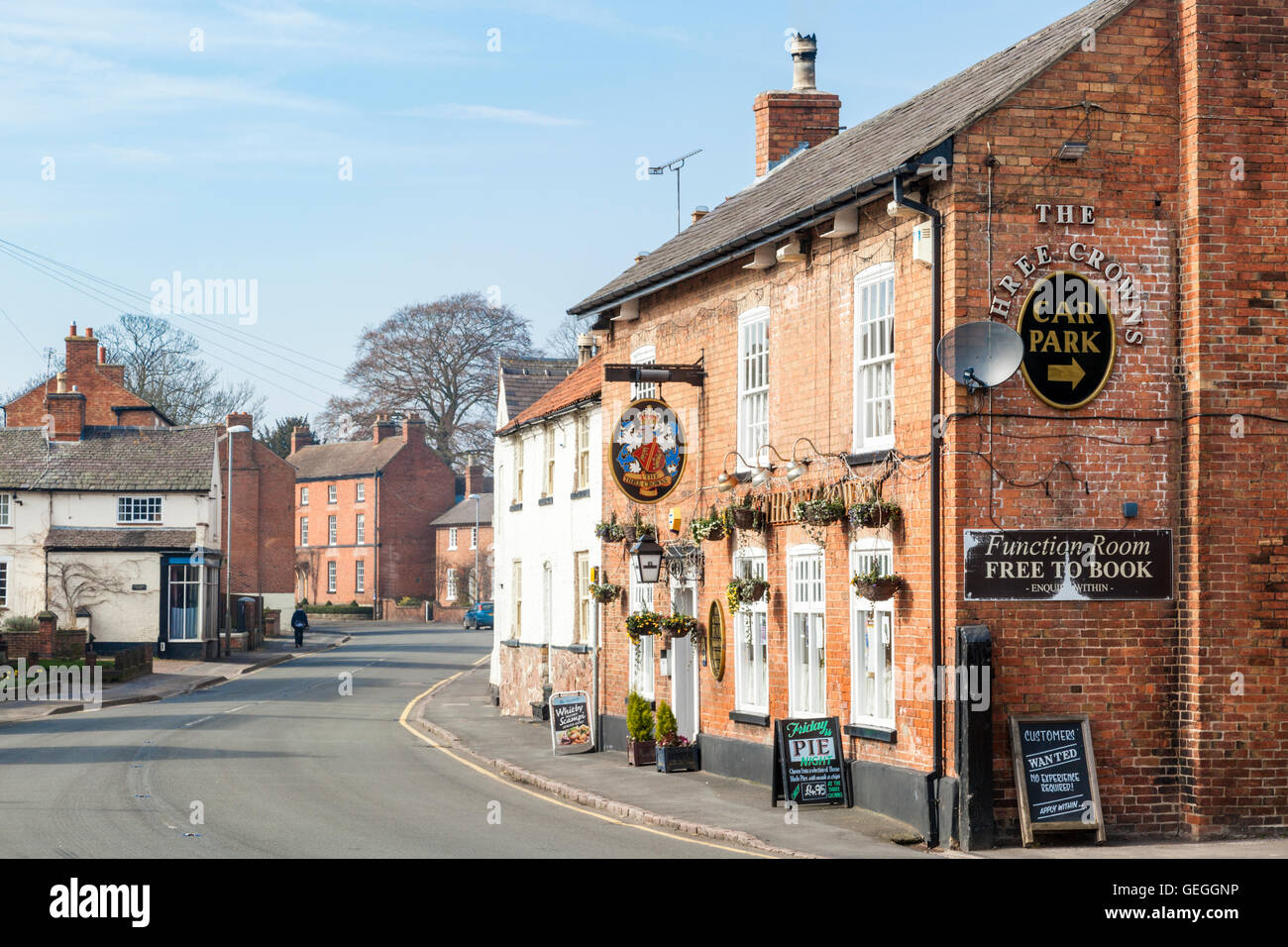 Pub and main street in the centre of Wymeswold, Leicestershire, England, UK Stock Photo