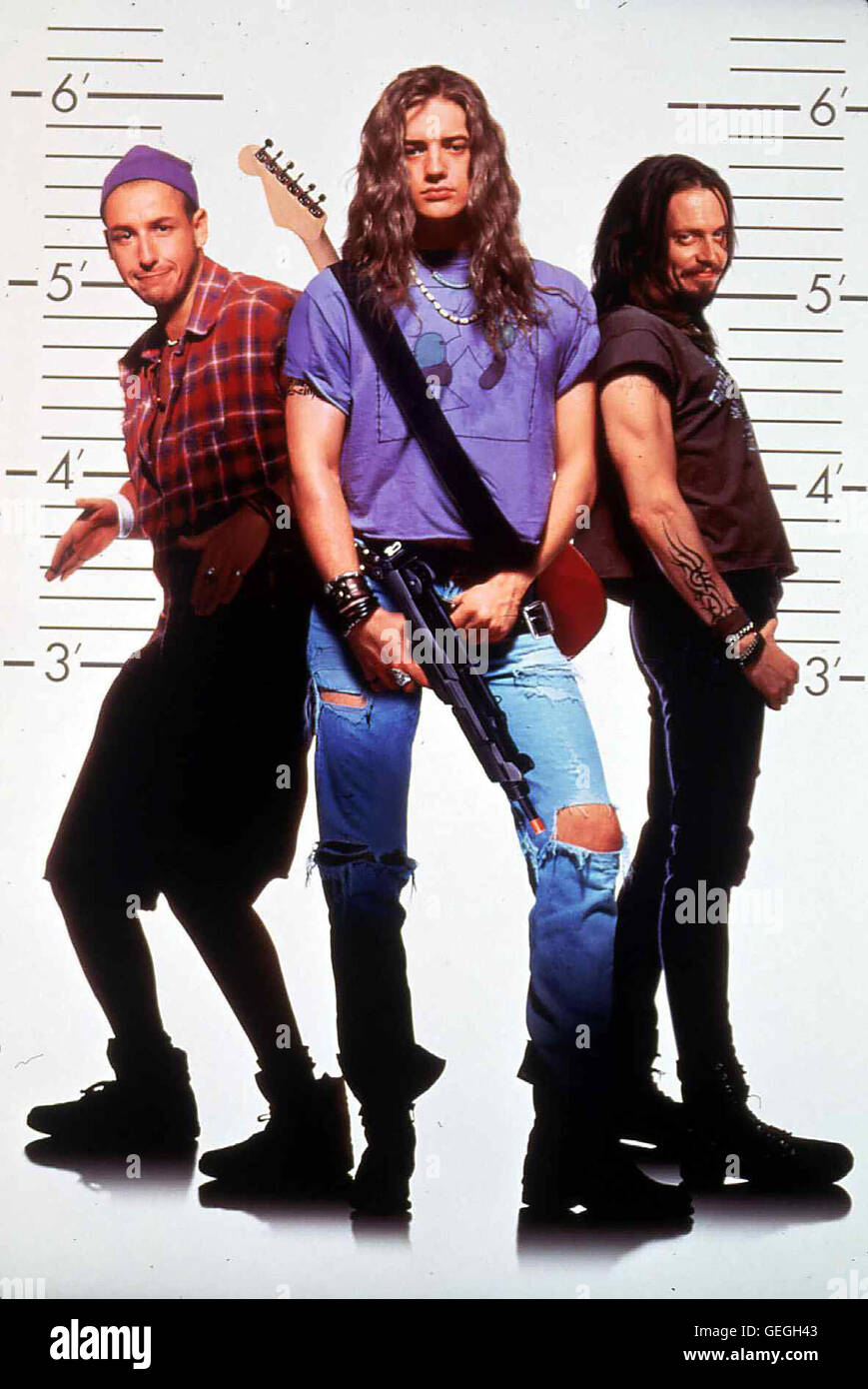 Adam Sandler, Brenan Fraser, Steve Buscemi Pip (Adam Sandler), Chazz (Brenan Fraser) und Rex (Steve Buscemi) sind ein noch erfolgloses Heavy Metal Trio. *** Local Caption *** 1994, Airheads, Airheads Stock Photo