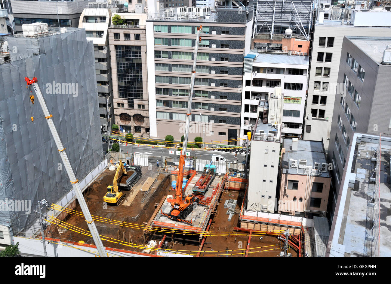 Aerial view on a building construction site in central Shinzuku Tokyo Japan Stock Photo