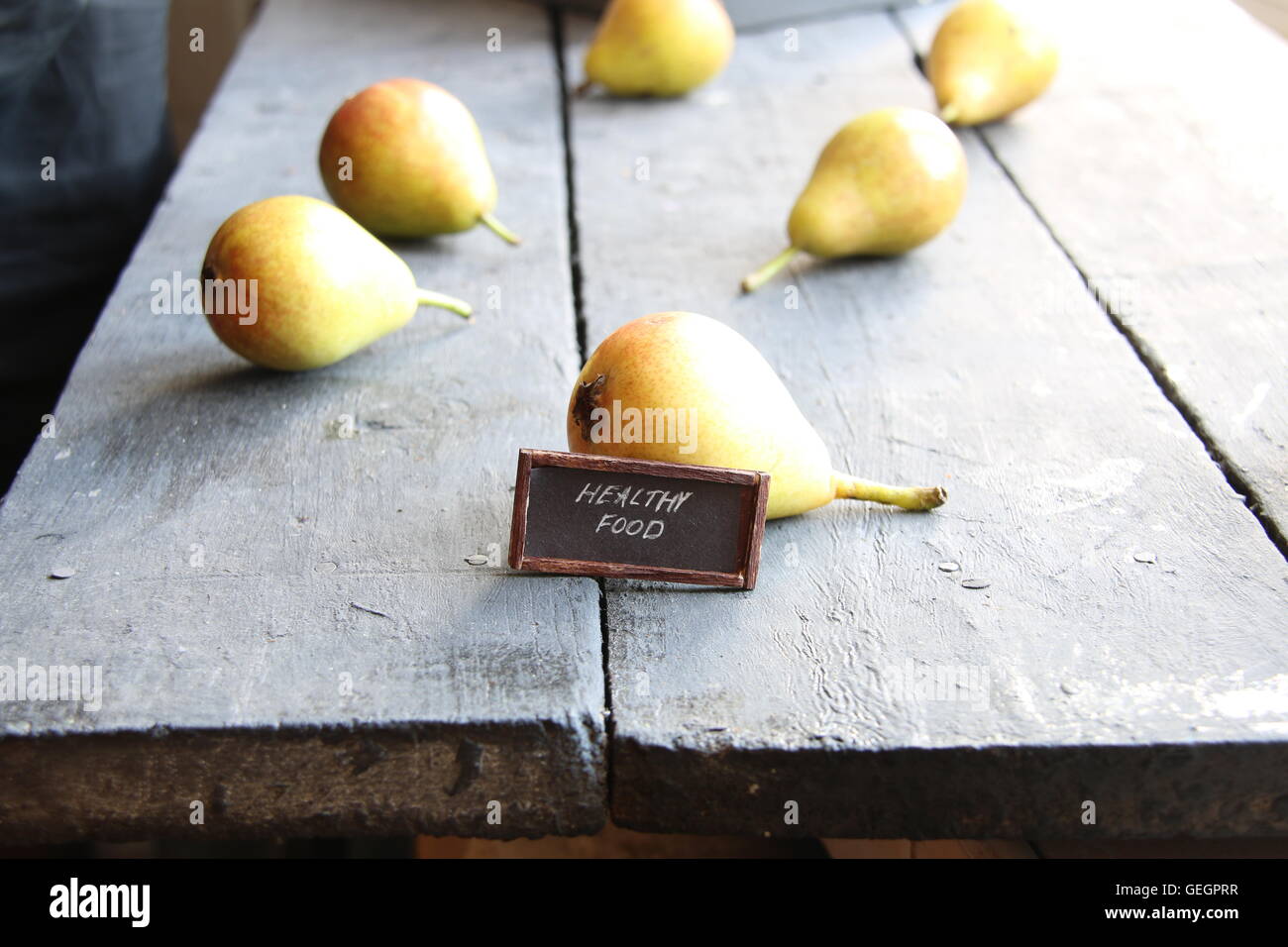 healthy food text and Juicy flavorful pears Stock Photo