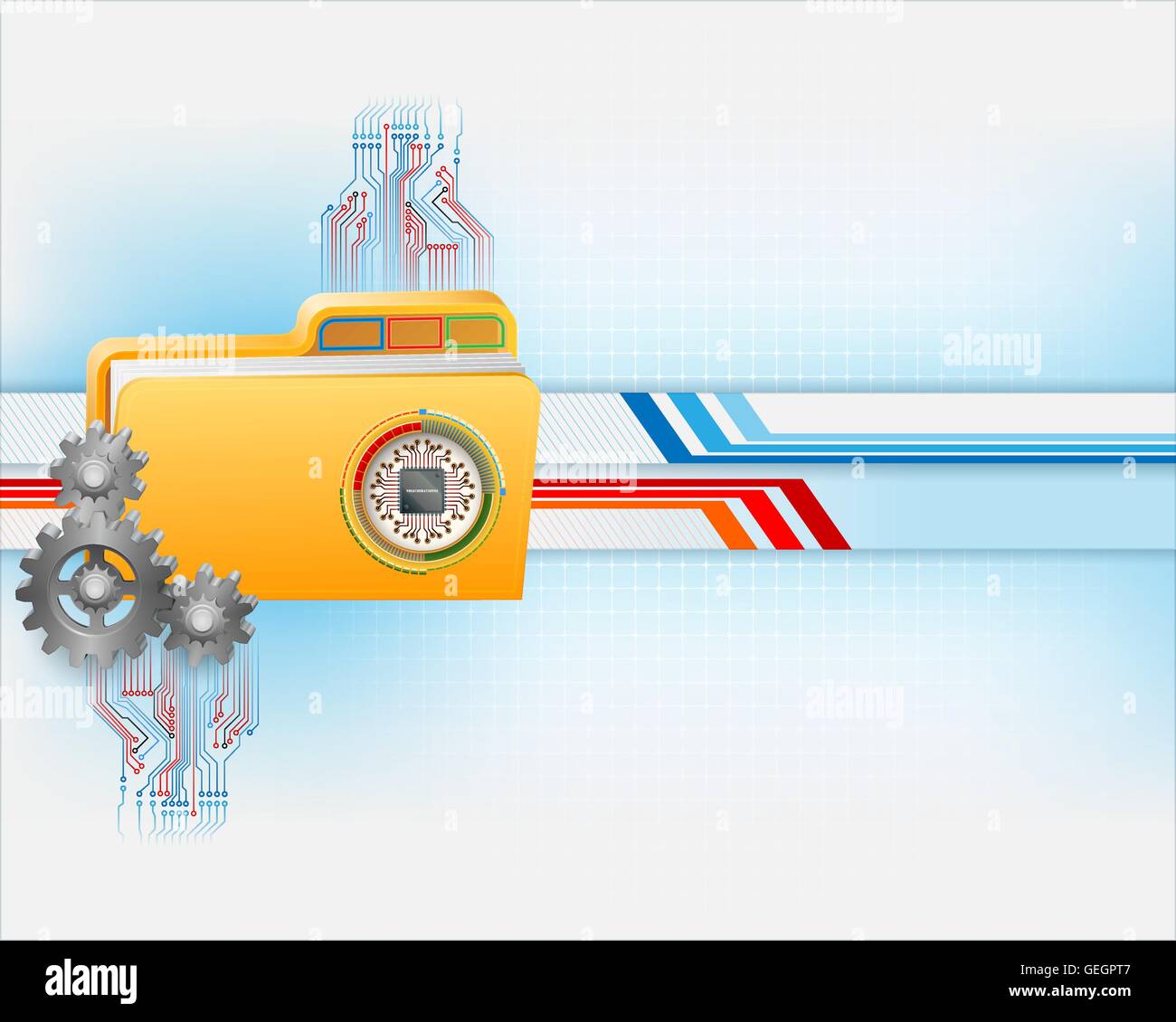Abstract background with gears in front of 3d folder symbol, equipped