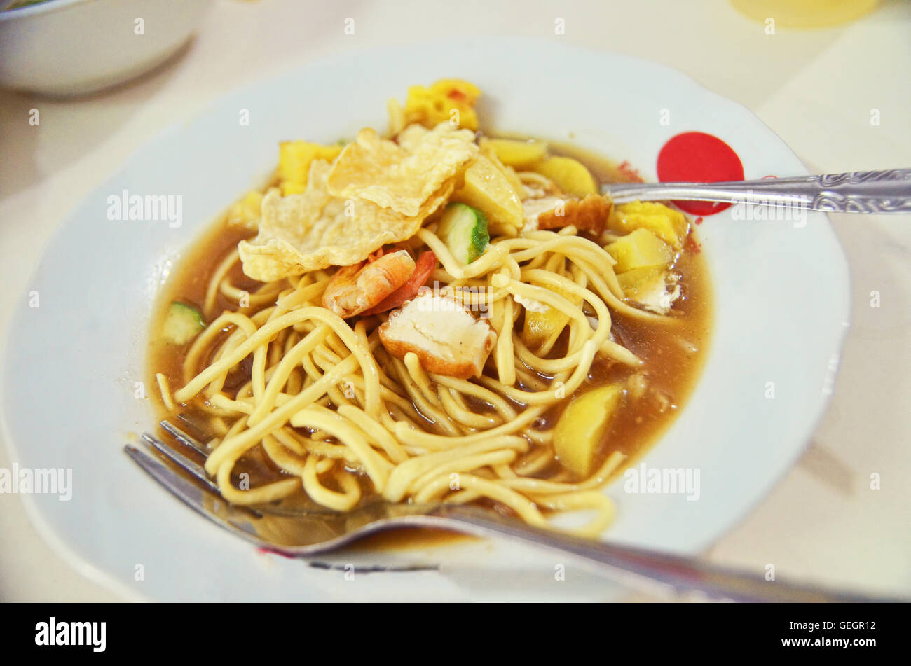 A plate of Mie Atep. A local delicacy of noodles in Belitung Island, Sumatra, Indonesia Stock Photo