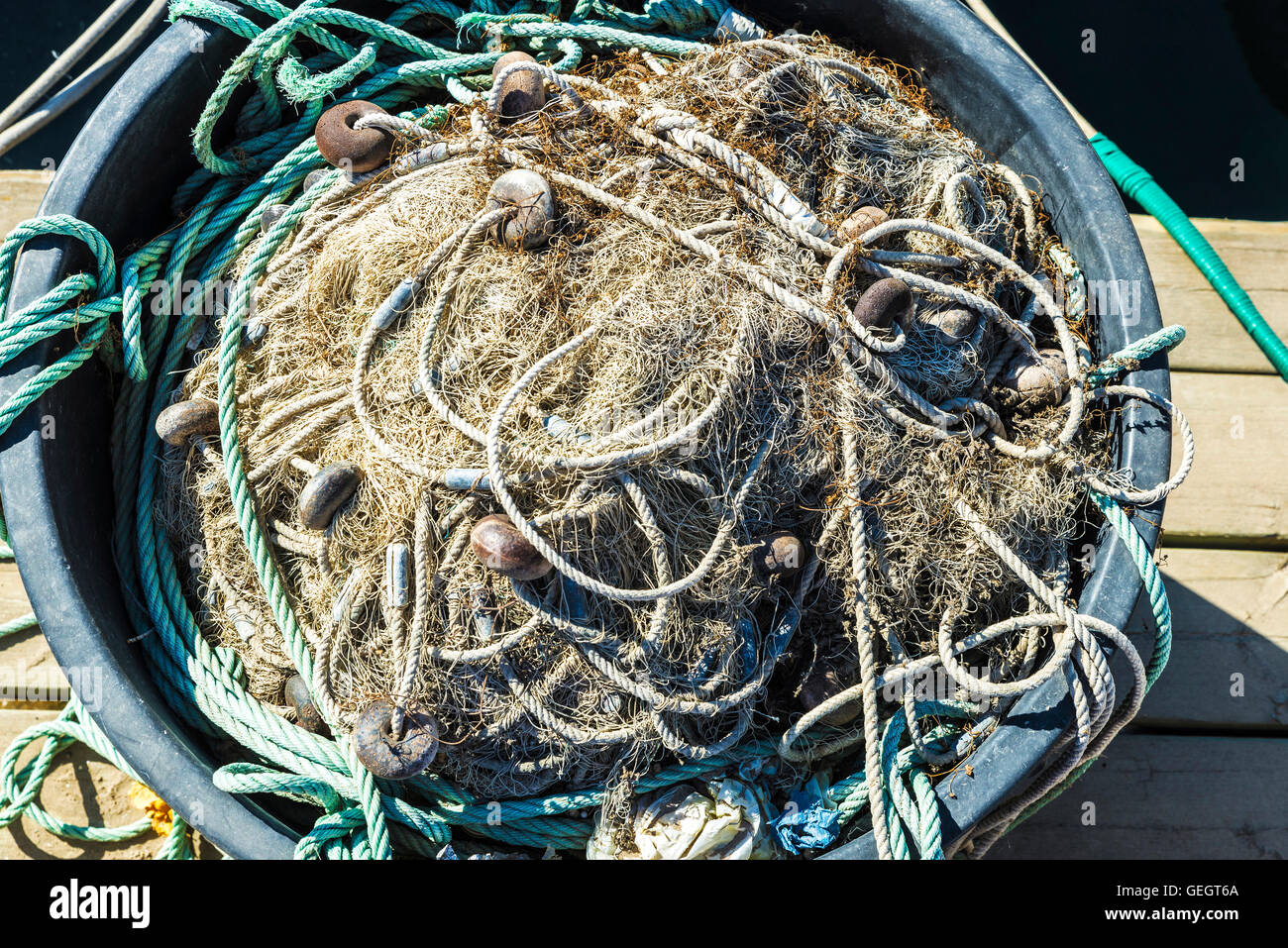 Lots of fishing nets in a port of the Costa Brava, Catalonia, Spain