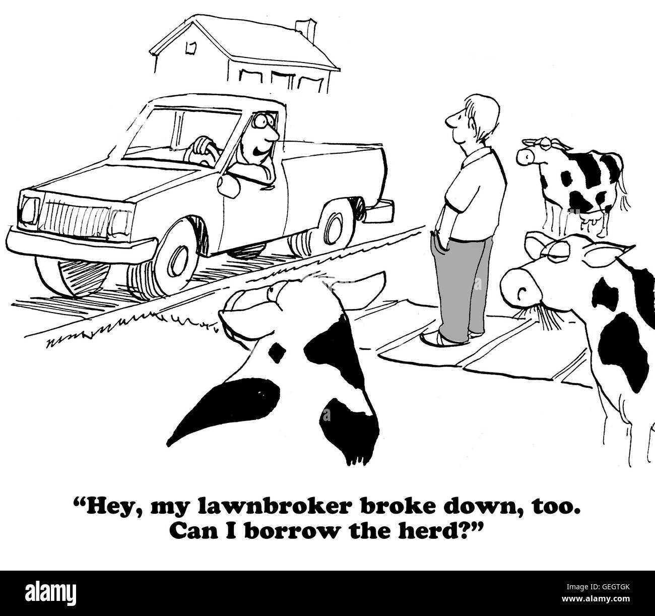 Cartoon about using cows to cut the grass. Stock Photo