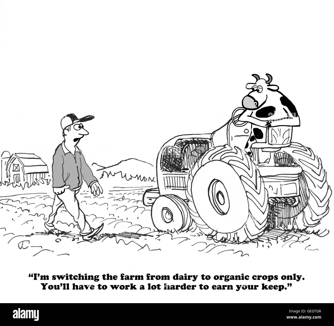 Farming cartoon about needing to work to earn your keep. Stock Photo