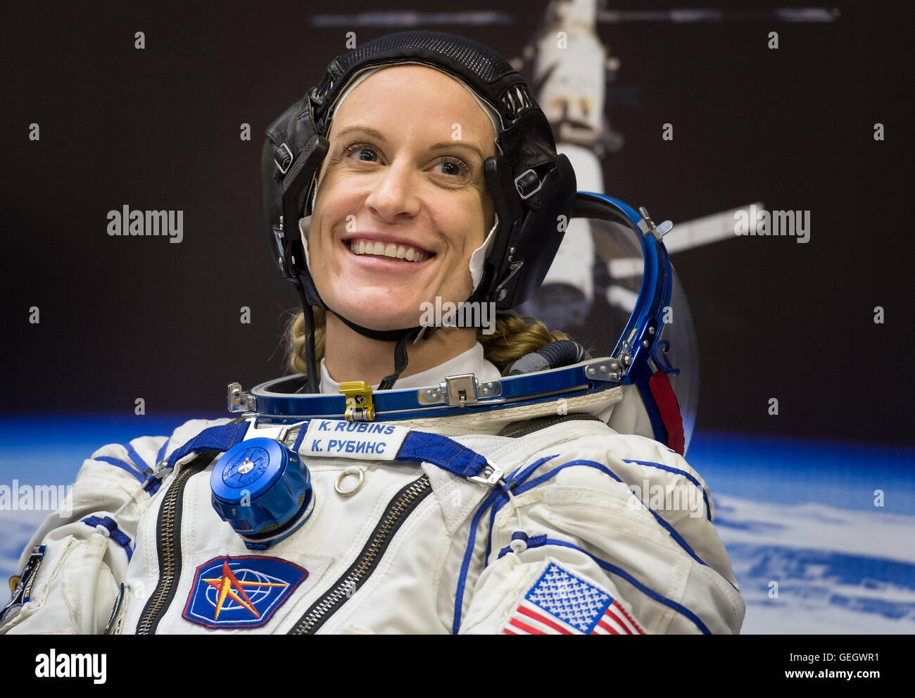 Expedition 48 astronauts, including Kate Rubins, prepare for launch at Baikonur Cosmodrome. Rubins, Andrey Shelepin, and other crew members undergo preflight preparations before their mission to the International Space Station. Stock Photo
