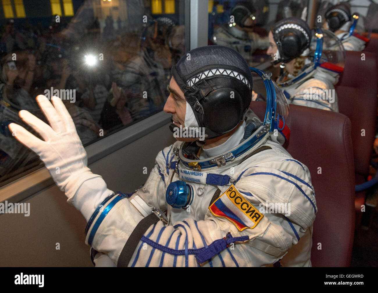 The crew of Expedition 48 prepares for launch at the Baikonur Cosmodrome. Astronauts Kate Rubins, Andrey Shelepin, Takuya Onishi, and Anatoly Ivanishin suit up for their journey to the International Space Station. Stock Photo