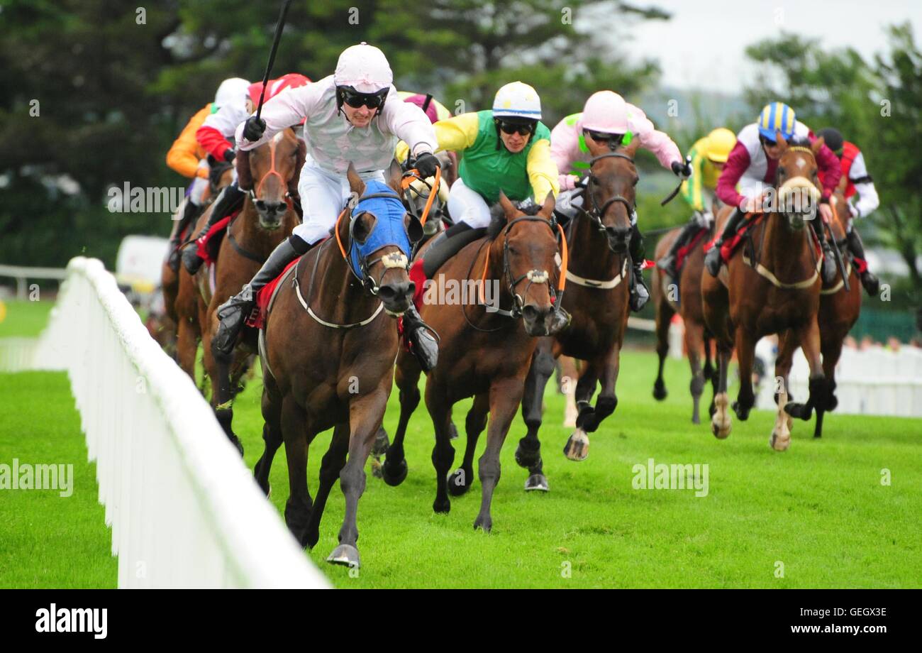 Swamp Fox ridden by Barry Browne wins Connacht Hotel (Q.R.) Handicap during day one of the Galway Festival in Ballybrit, Republic of Ireland. Stock Photo