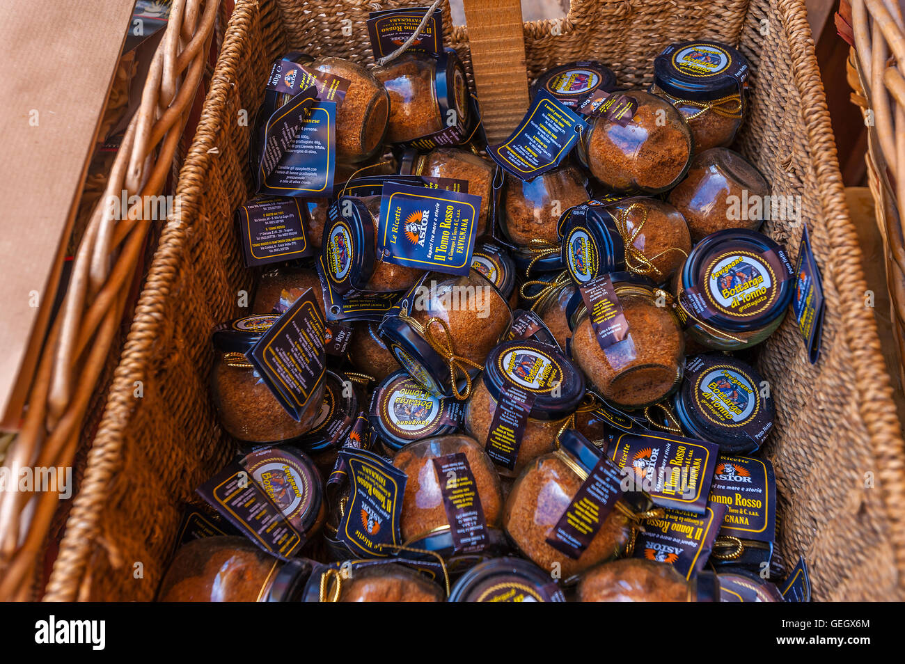 Italy Sicily Egadi Islands Favignana - Shop of tunna products in Piazza Madrice - botargo of bluefin tuna Stock Photo