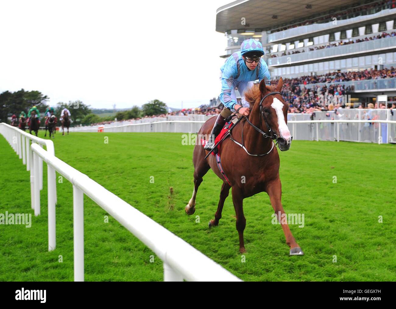motherland ridden by Donnacha O'Brien win the Eventus Handicap during day one of the Galway Festival in Ballybrit, Republic of Ireland. Stock Photo