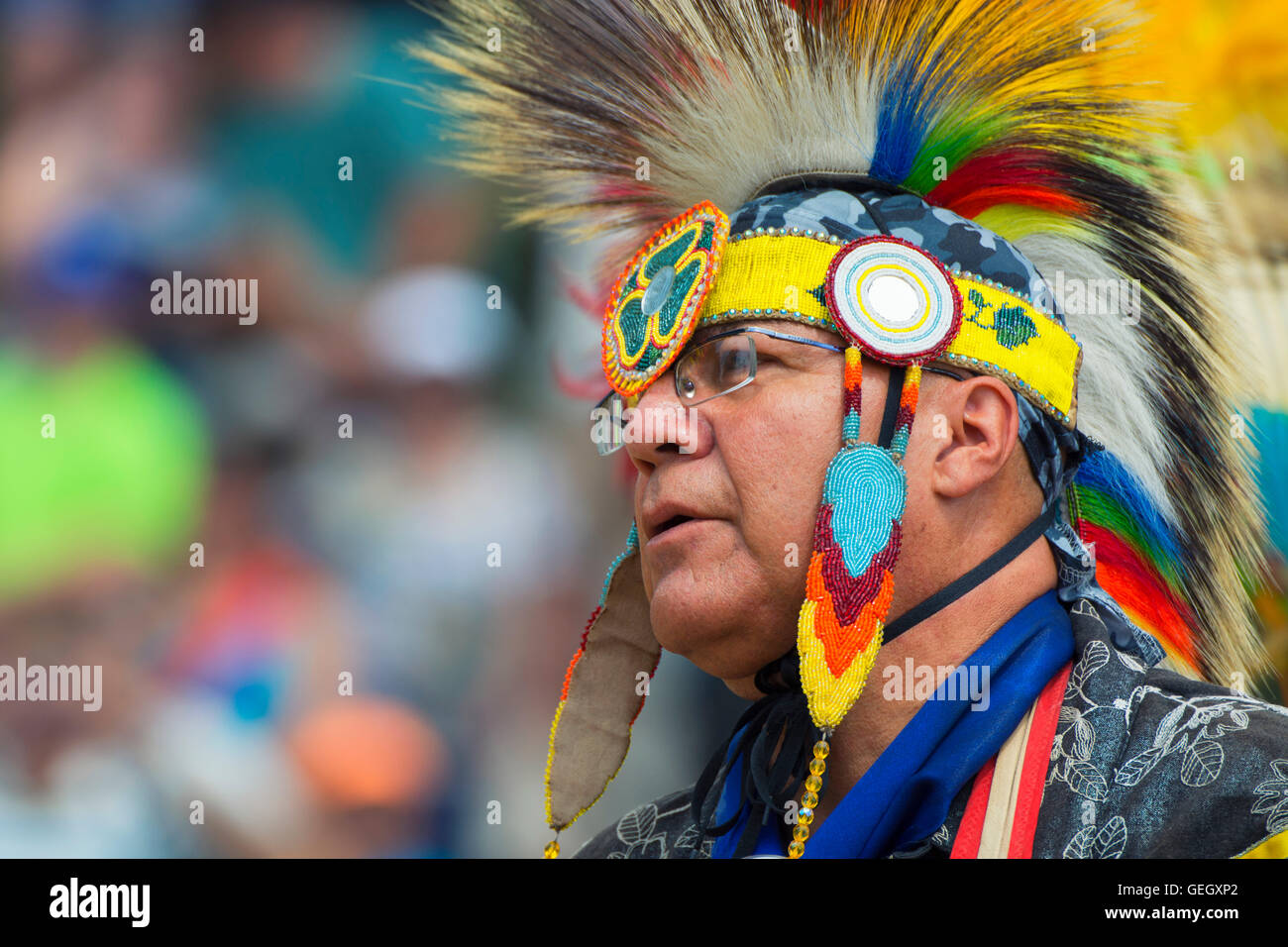 Pow Wow Native Male Dancer in Traditional Costume Six Nations of the Grand River Champion of Champions Powwow, Ohsweken Canada Stock Photo