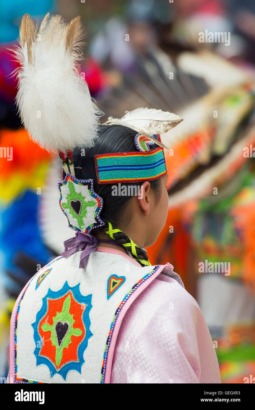 Pow Wow Native Female Dancer in Traditional Costume Six Nations of the Grand River Champion of Champions Powwow, Ohsweken Canada Stock Photo