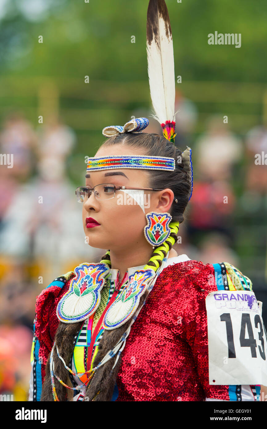 Pow Wow Native Female Dancer in Traditional Costume Six Nations of the Grand River Champion of Champions Powwow, Ohsweken Canada Stock Photo