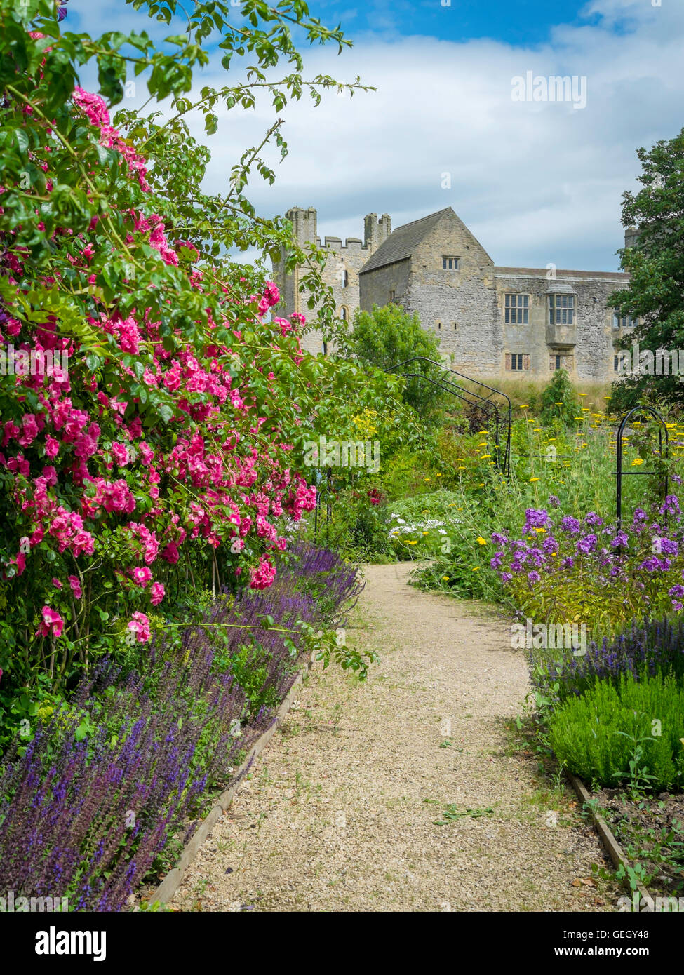 Helmsley Castle overlooking the Helmsley Walled Garden with a show of