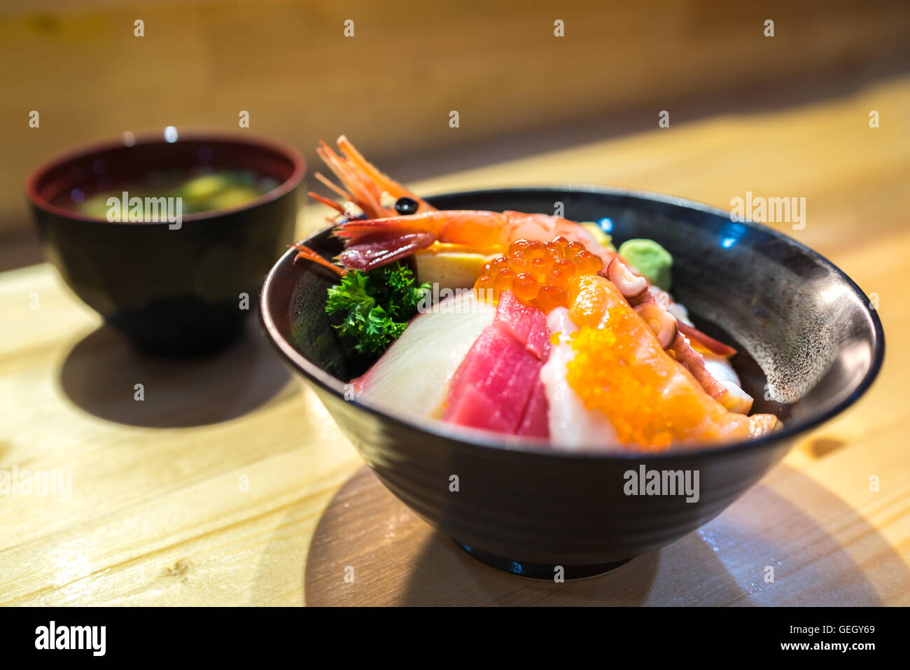 Chirashi sushi, Japanese food, rice bowl with raw salmon sashimi ...