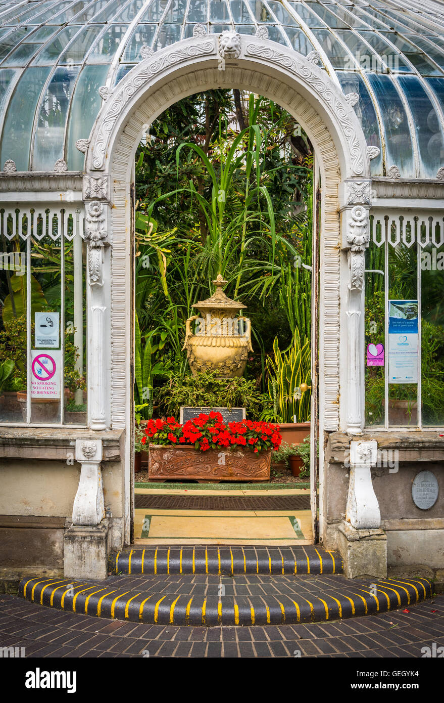 Front door entrance to the Palm House in Belfast's iconic Botanic Gardens near Queens University. Stock Photo
