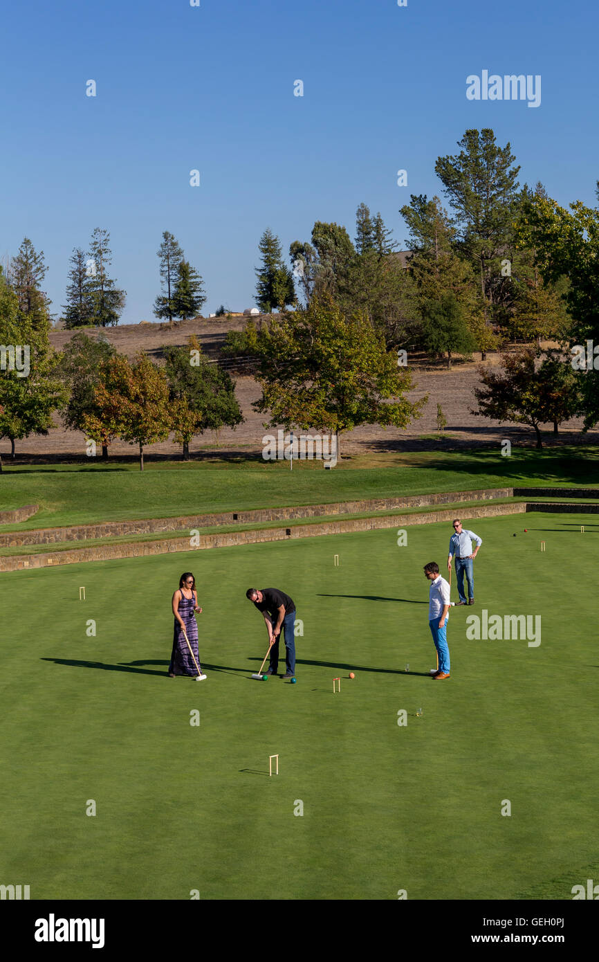 people, playing croquet, croquet players, game of croquet, wine tasting, Sonoma-Cutrer Vineyards, Sonoma-Cutrer, Sonoma Cutrer, Windsor, California Stock Photo