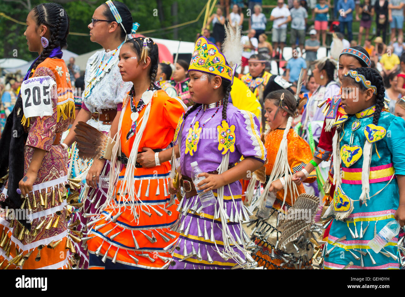 Pow Wow Native Children Dancers Girls in Traditional Costumes Six Nations of the Grand River Champion of Champions Powwow Canada Stock Photo