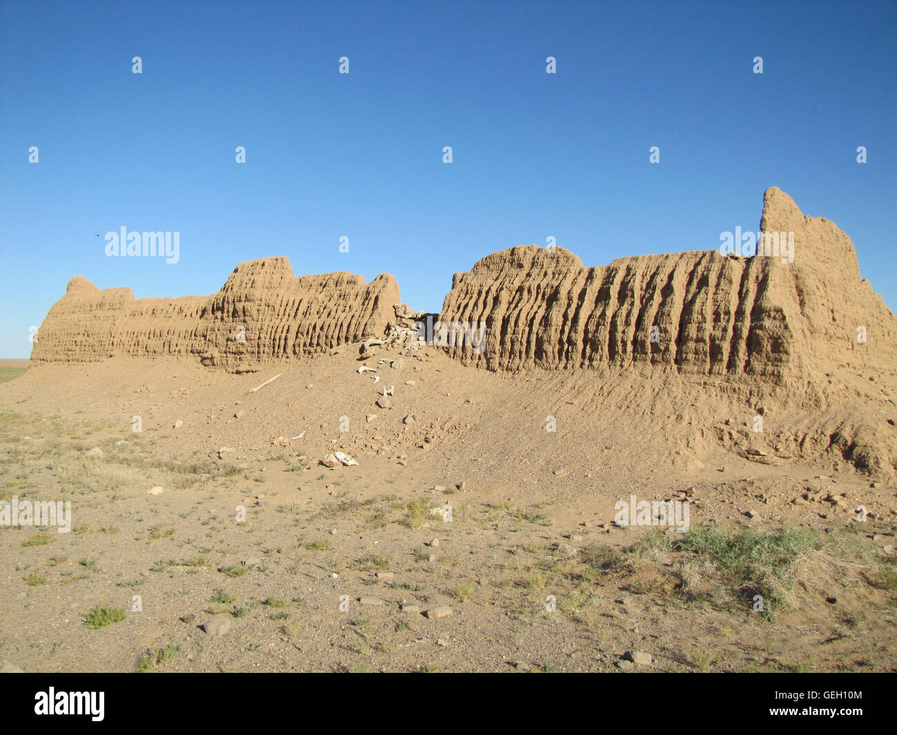 Mongolian temple in the Desert Gobi, ruin wall, stonework Stock Photo