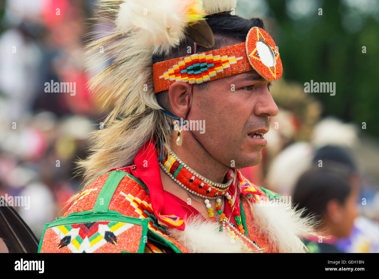 Pow Wow Native Dancer in Traditional Costume at the Six Nations of the Grand River Champion of Champions Powwow, Ohsweken Canada Stock Photo