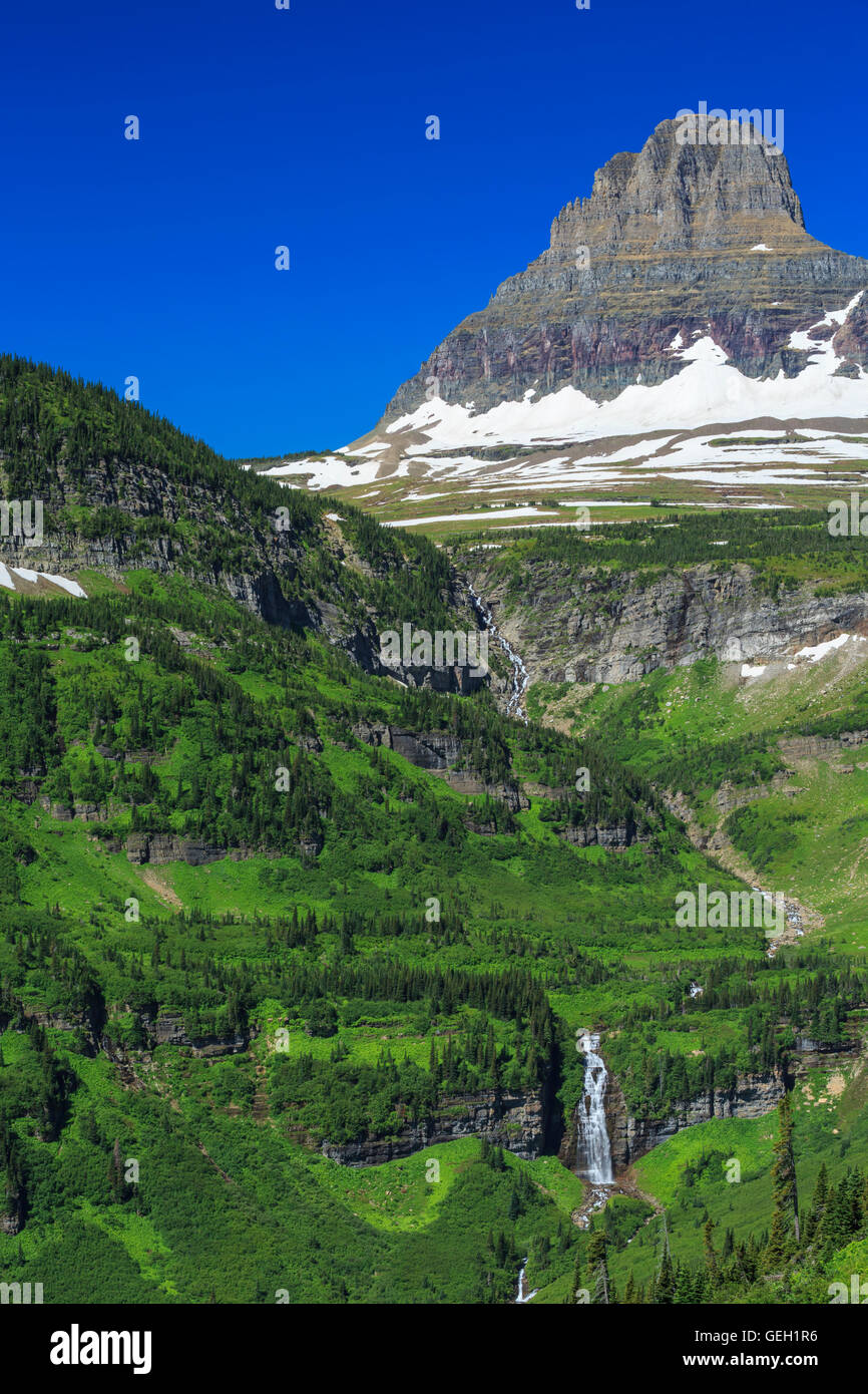 clements mountain above waterfalls in the headwaters of reynolds creek near logan pass in glacier national park, montana Stock Photo