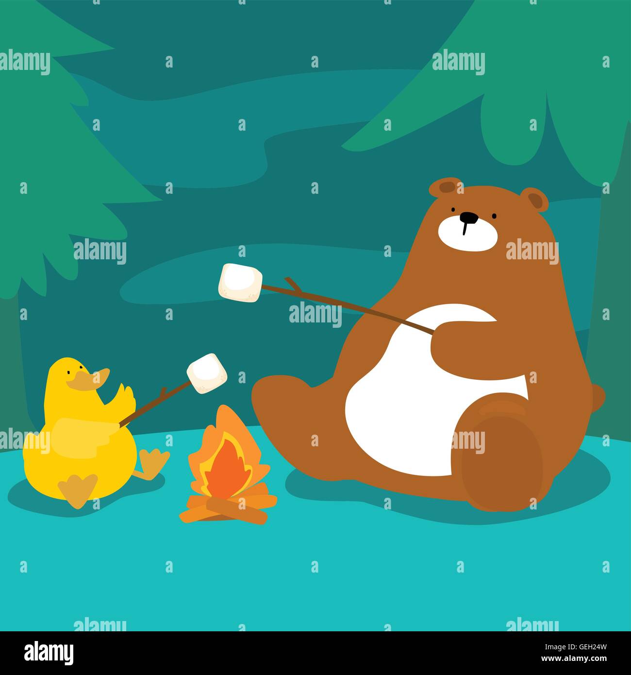 bear and duck grill marshmallow at campfire vector illustration Stock Vector